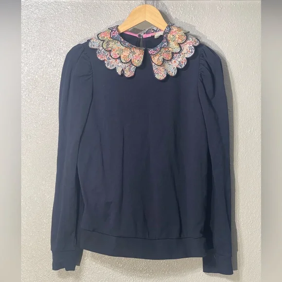 Boden Hattie Collar Sweatshirt Navy with Flower collar - Size 6 - Picture 2 of 6